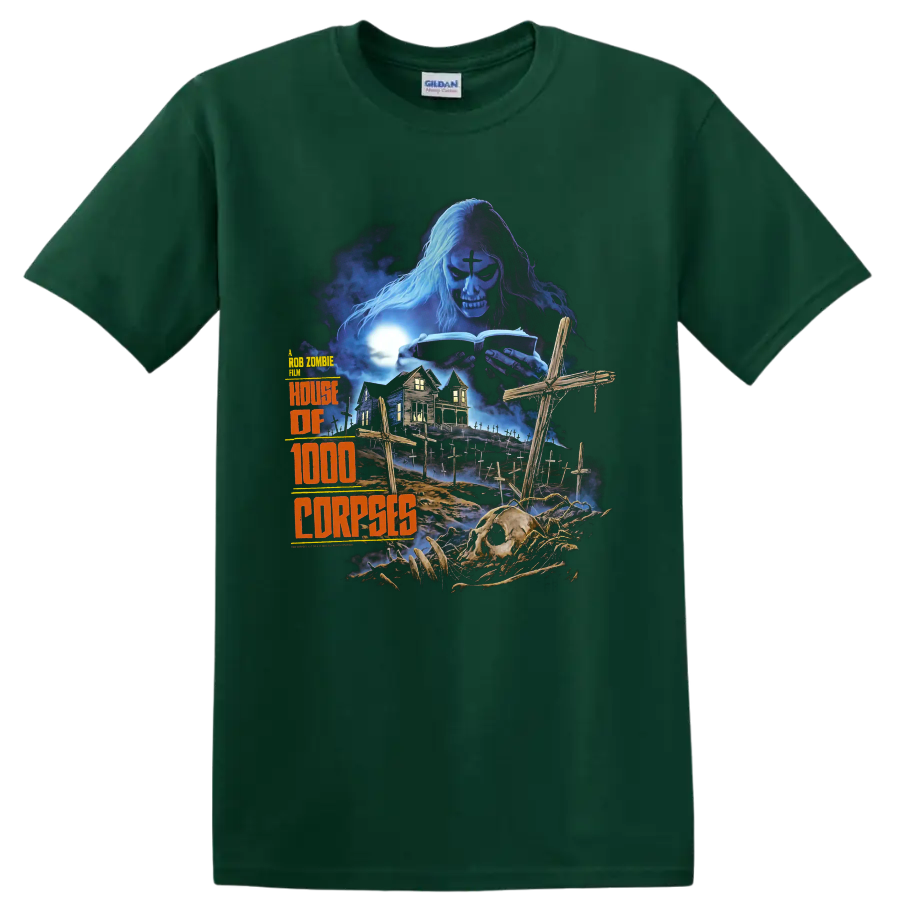 House of 1000 Corpses gothic graveyard artwork with skeleton and haunted house on a Forest Green T Shirt