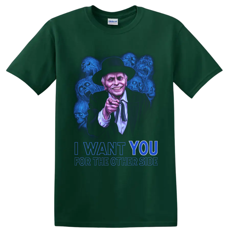 Poltergeist II preacher horror art with blue skulls and I Want You text on a Forest Green T Shirt