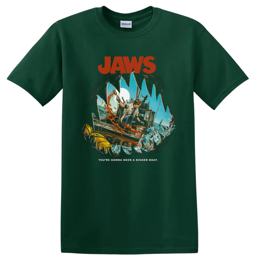 Jaws: The Revenge shark fishing boat graphic with You're Gonna Need a Bigger Boat on a Forest Green T Shirt