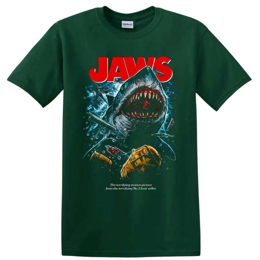 Jaws shark attack graphic print with diver and underwater horror artwork on a Forest Green T Shirt