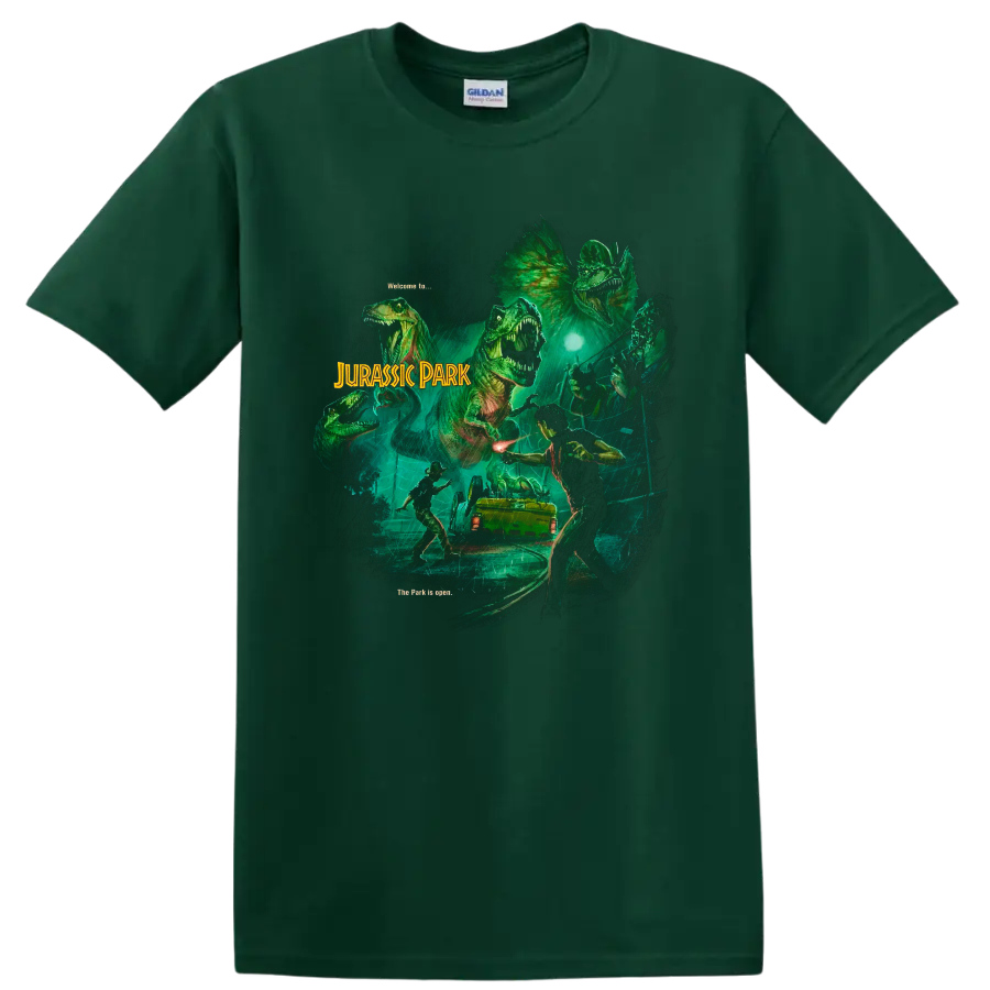 Jurassic Park dinosaur escape graphic with rainy jungle scene and movie lettering on a Forest Green T Shirt