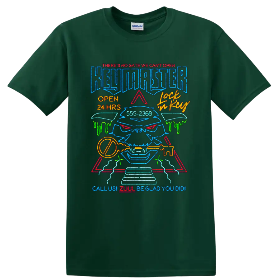 Ghostbusters neon gatekeeper graphic with key and retro lettering on a Forest Green T Shirt