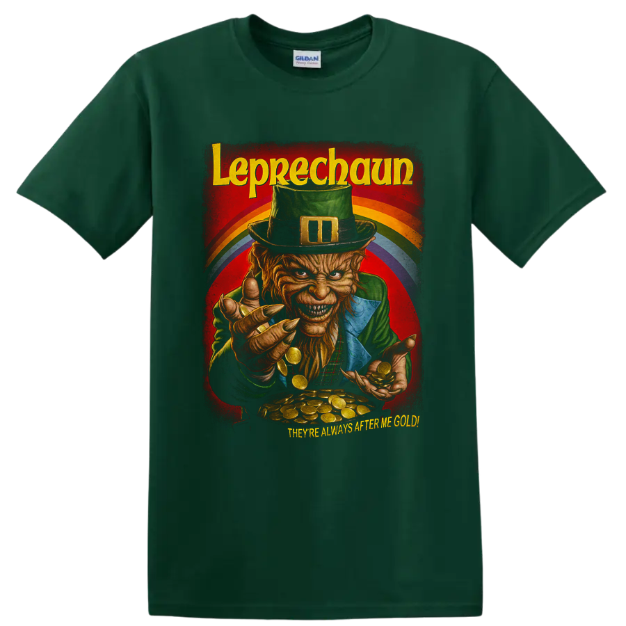 Leprechaun horror movie graphic with gold coins and rainbow on a Forest Green T Shirt