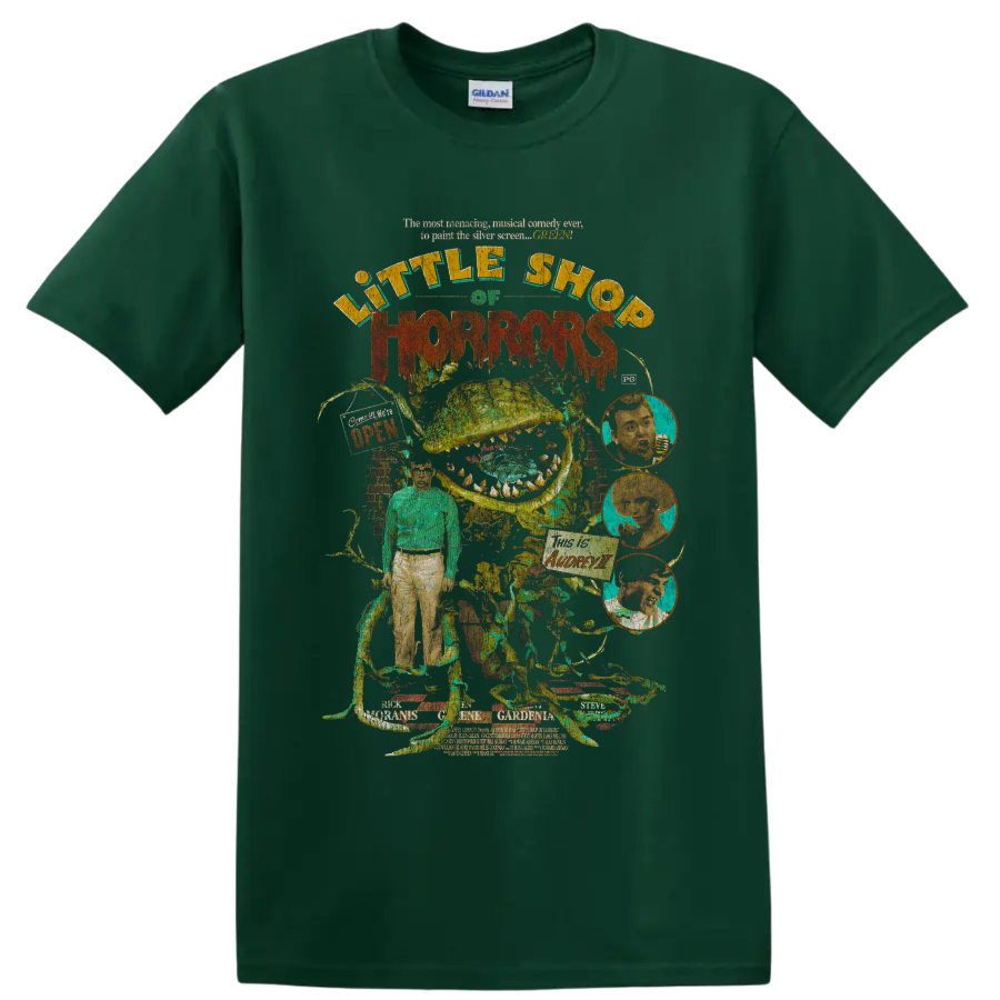 Little Shop of Horrors retro carnivorous plant horror collage on a Forest Green T Shirt