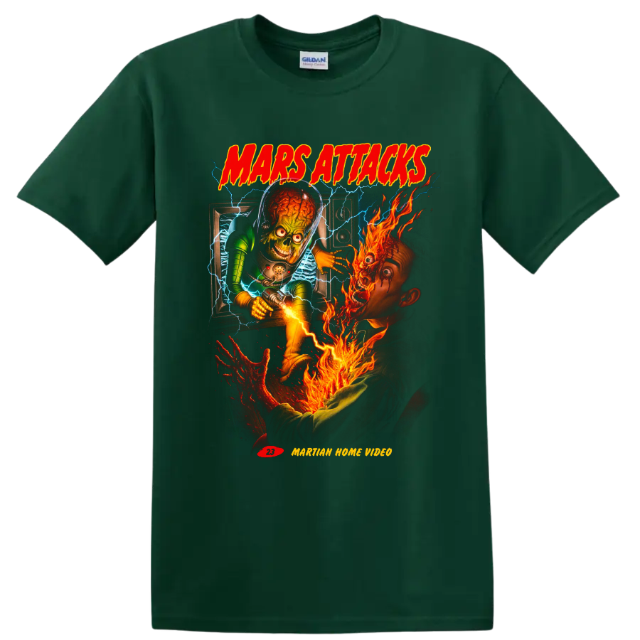 Mars Attacks! Martian invasion graphic with flames, lightning, and retro lettering on a Forest Green T Shirt