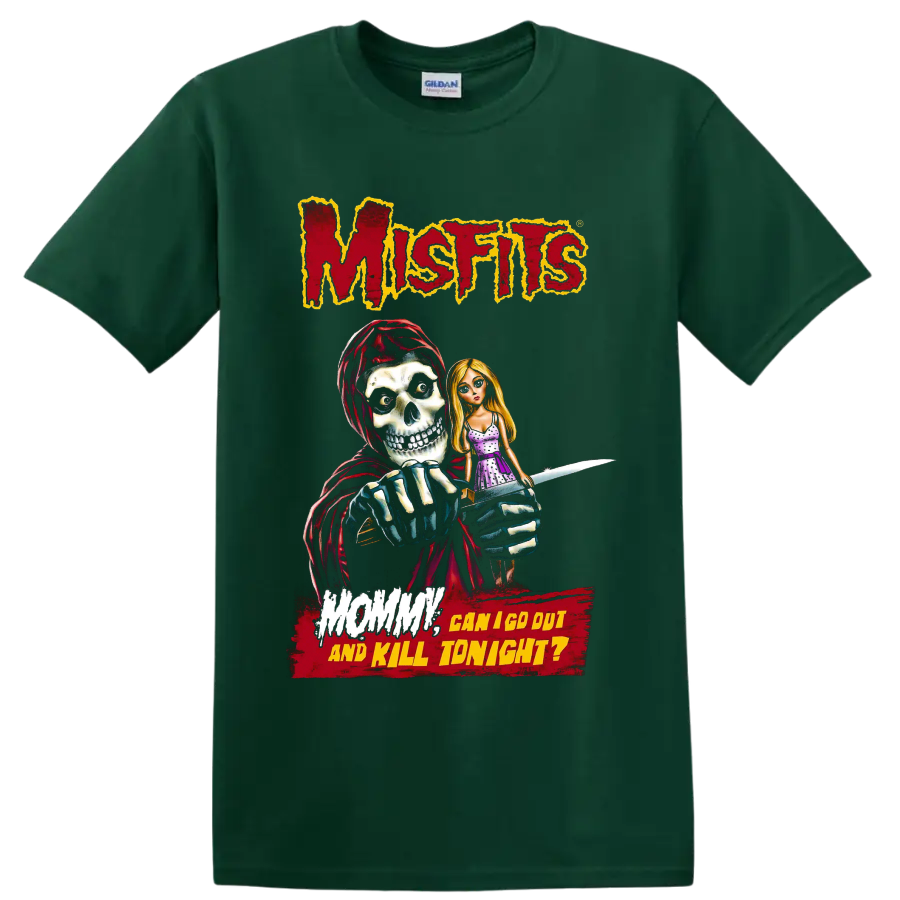 Misfits horror graphic with hooded skull, blonde doll, knife, and distressed text on a Forest Green T Shirt