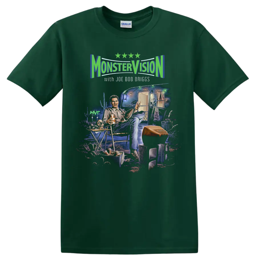 Monster Vision with Joe Bob Briggs trailer scene graphic print on a Forest Green T Shirt