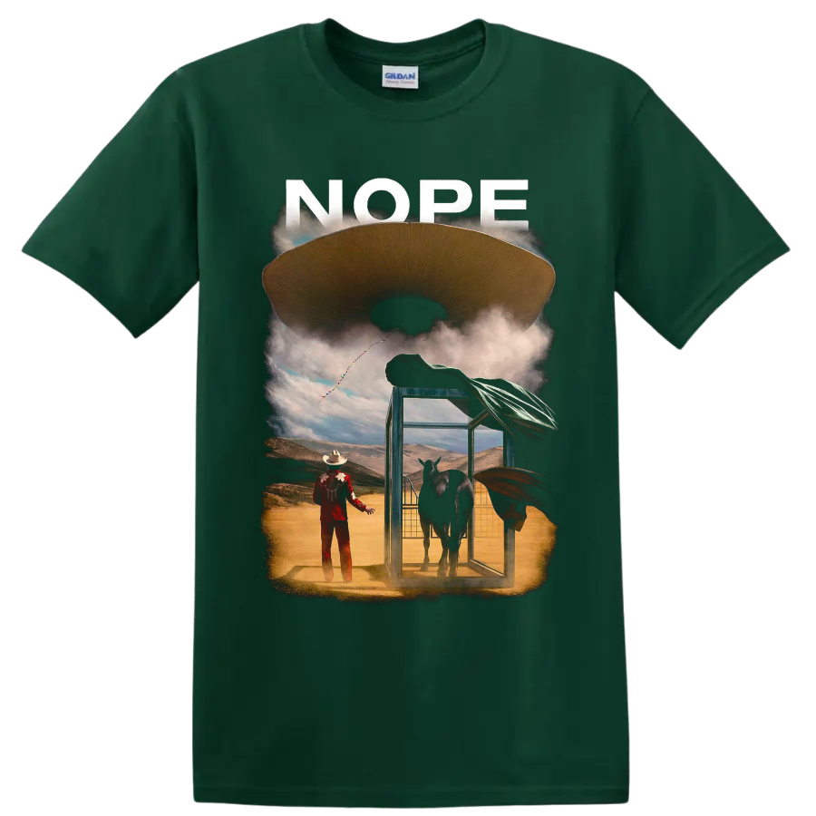 Nope movie graphic with flying saucer, horse ranch scene, and NOPE text on a Forest Green T Shirt