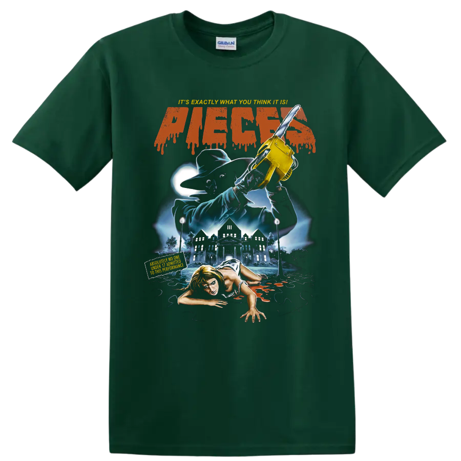 Pieces horror movie graphic with chainsaw, haunted mansion, and slasher artwork on a Forest Green T Shirt