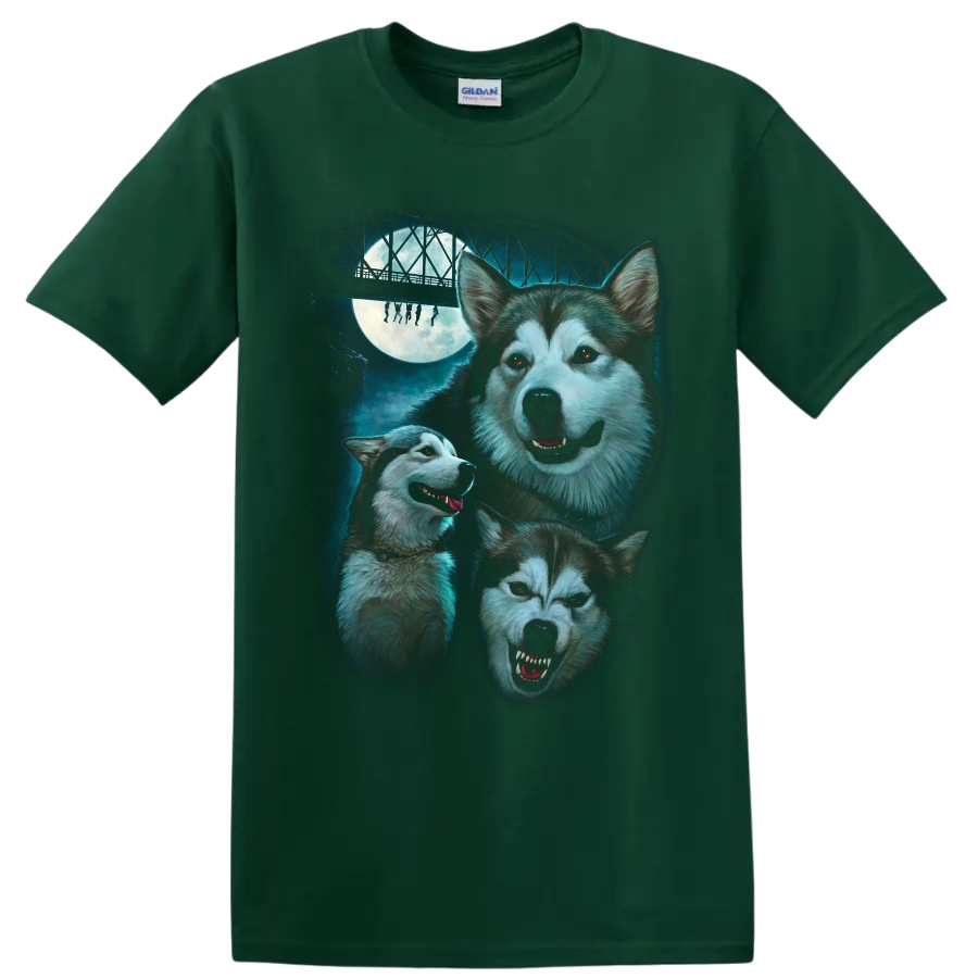 Three huskies under a full moon and bridge in horror movie art on a Forest Green T Shirt