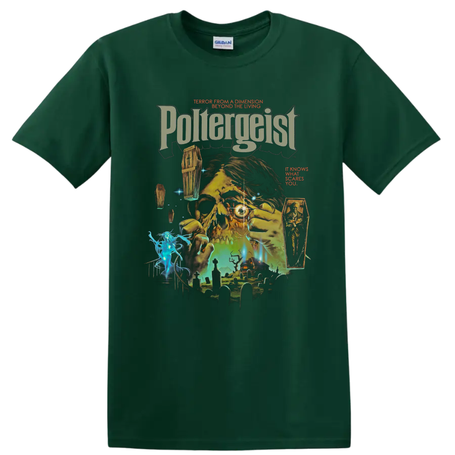 Poltergeist distressed horror collage with haunted house and cemetery on a Forest Green T Shirt
