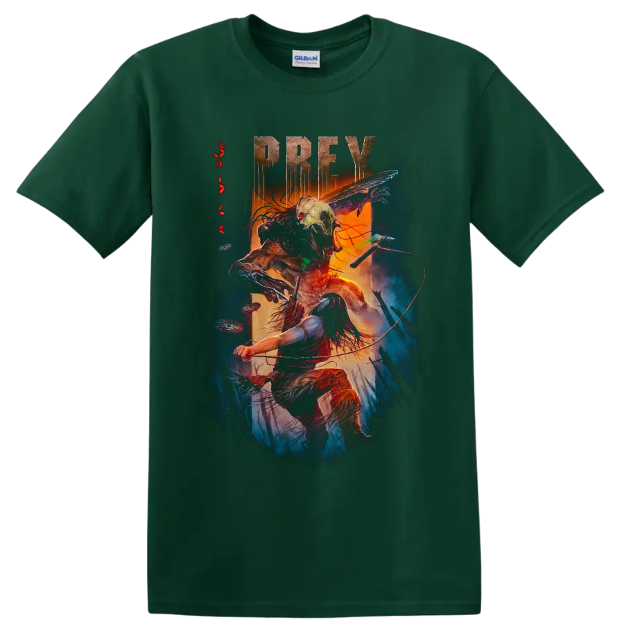 Prey graphic print of warrior battling a masked alien hunter on a Forest Green T Shirt