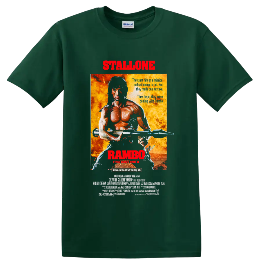 Rambo First Blood Part II fiery vintage movie poster graphic on a Forest Green T Shirt