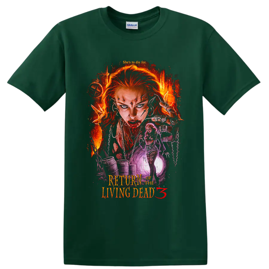 Return of the Living Dead 3 fiery zombie horror graphic with red-haired woman on a Forest Green T Shirt