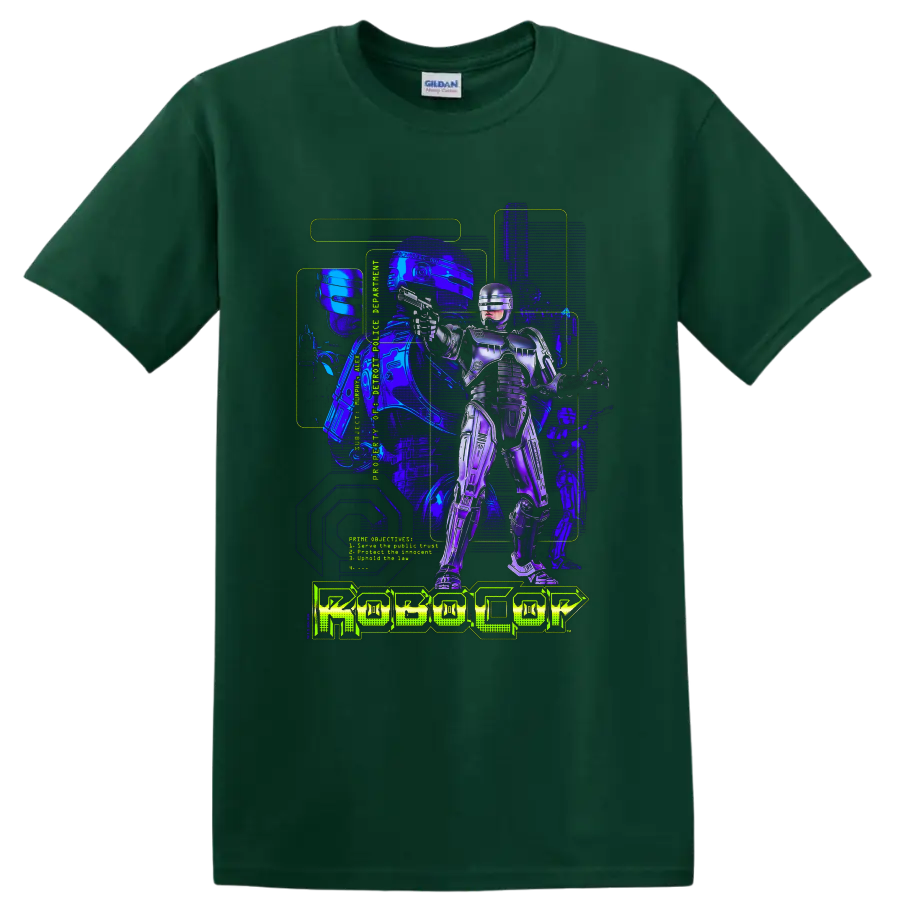 RoboCop cybernetic police officer neon sci-fi artwork with ROBOCOP text on a Forest Green T Shirt