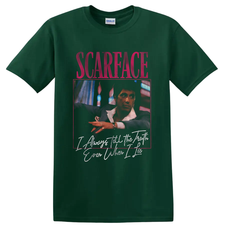 Scarface vintage crime drama portrait graphic with distressed lettering on a Forest Green T Shirt