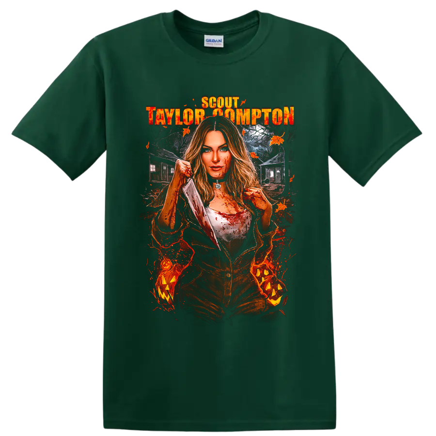 Laurie Strode horror graphic with Scout Taylor-Compton text on a Forest Green T Shirt