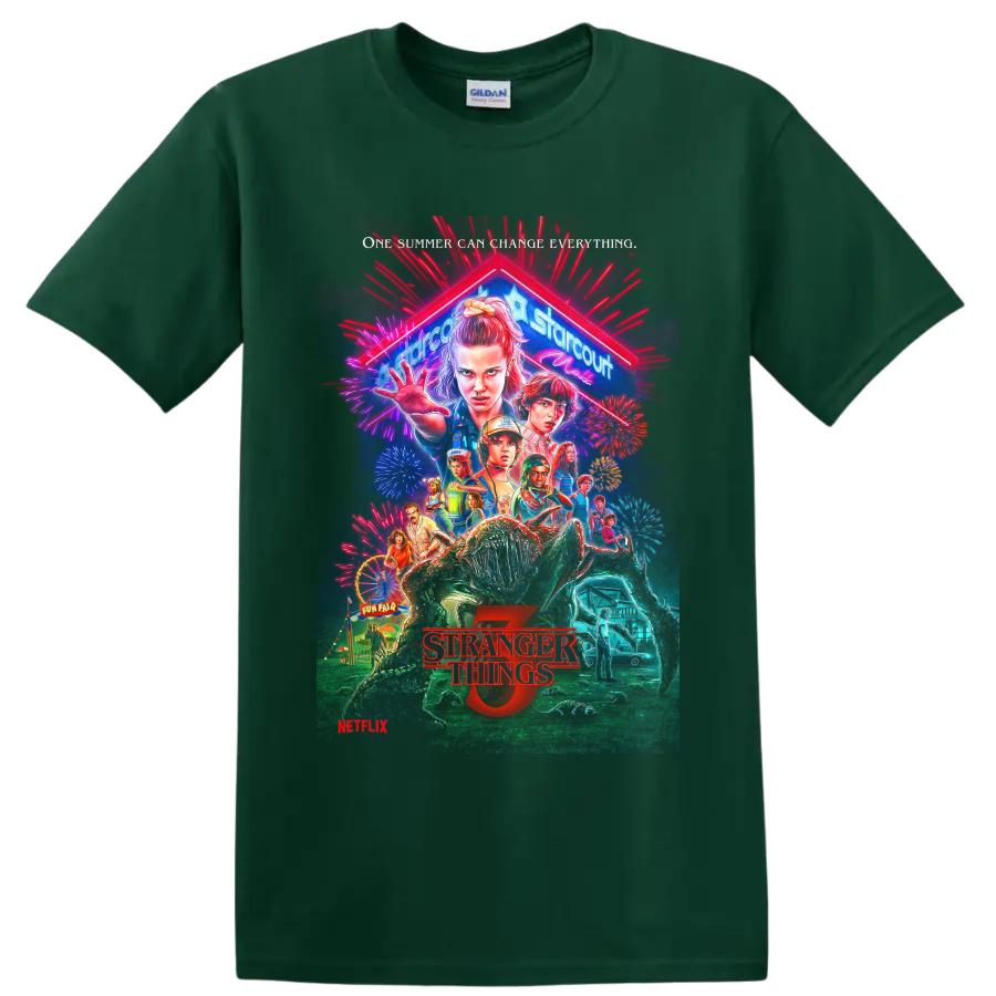 Stranger Things 2 retro neon horror poster character collage on a Forest Green T Shirt