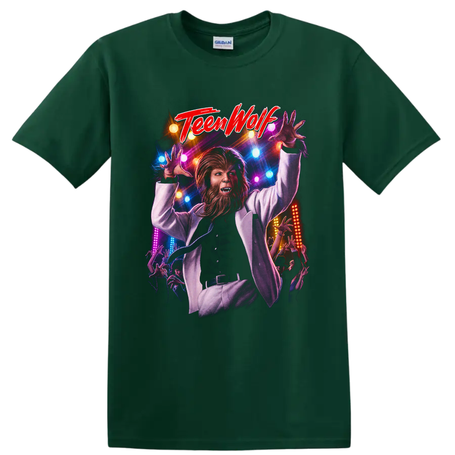Teen Wolf werewolf dance-floor graphic with TeenWolf lettering on a Forest Green T Shirt