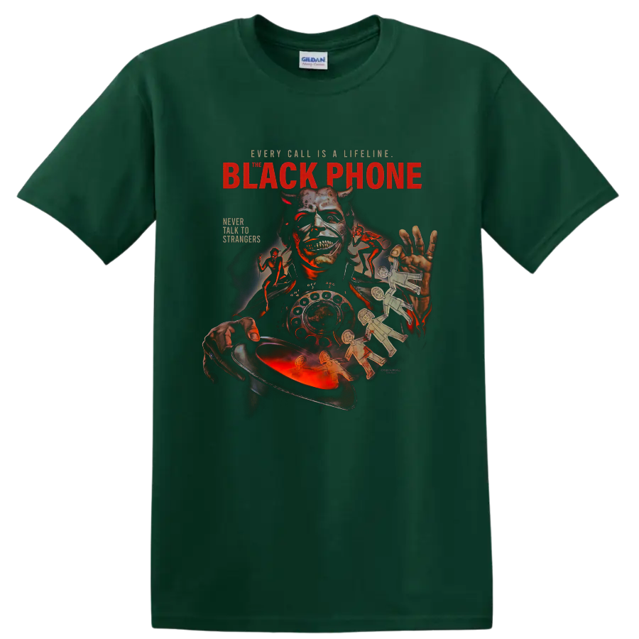 The Black Phone masked villain and rotary phone horror graphic print on a Forest Green T Shirt