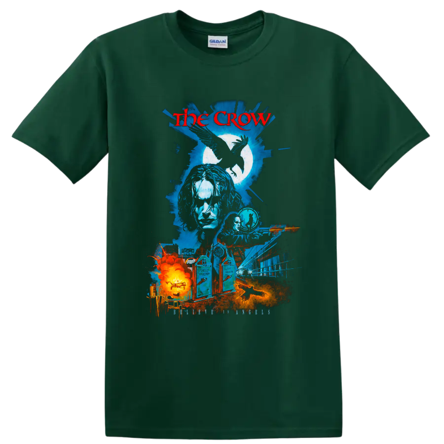 The Crow gothic raven movie collage with moon, cityscape, and fiery graphic on a Forest Green T Shirt