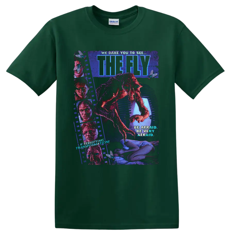 The Fly horror movie mutant insect transformation poster art on a Forest Green T Shirt