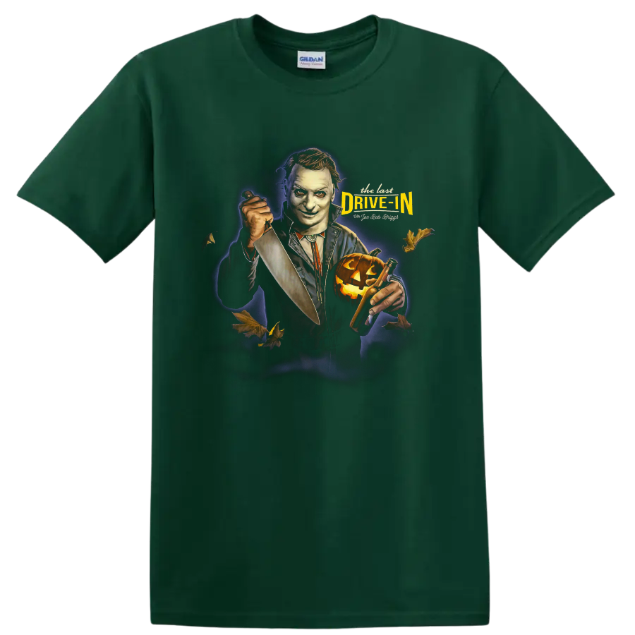 The Last Drive In 2 horror movie host with knife and pumpkin graphic on a Forest Green T Shirt
