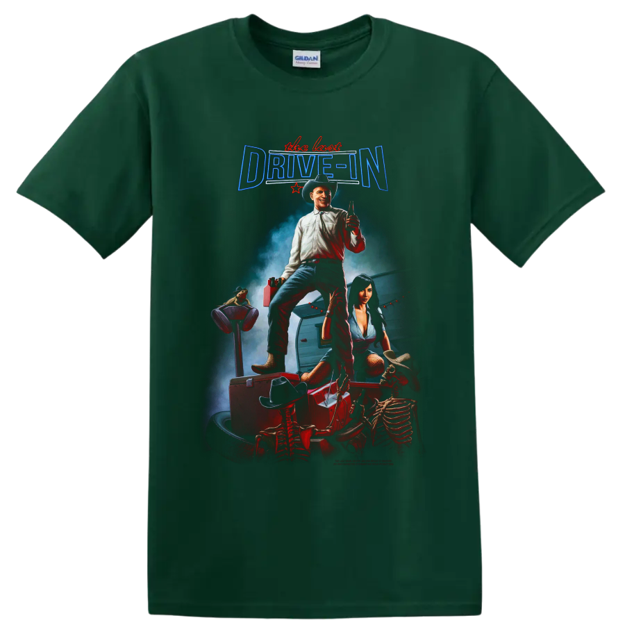 The Last Drive In cowboy and skeleton roadside horror poster art on a Forest Green T Shirt