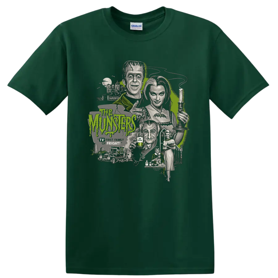 The Munsters 2 gothic family portrait graphic print on a Forest Green T Shirt