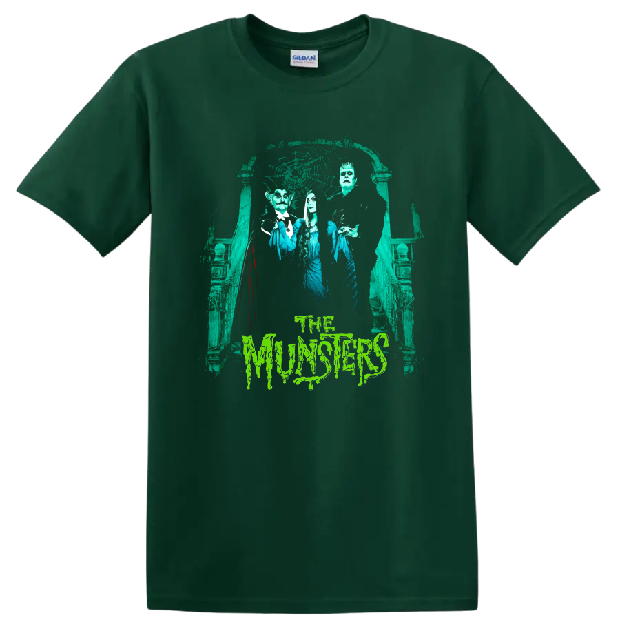 The Munsters gothic family portrait with haunted archway and dripping text on a Forest Green T Shirt