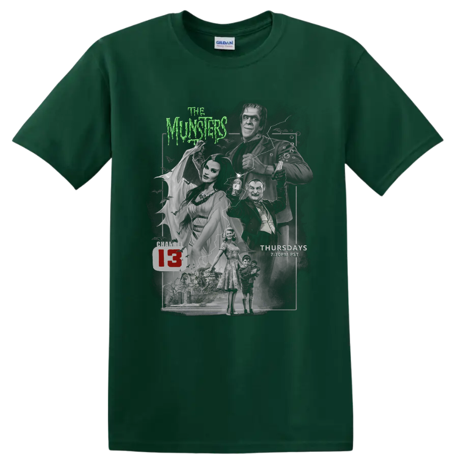 The Munsters 3 vintage gothic horror cast collage with green title text on a Forest Green T Shirt