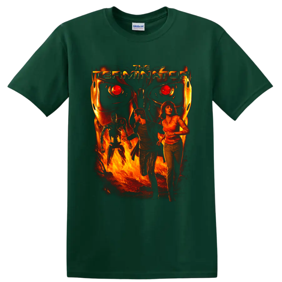 Terminator 3 fiery cyborg movie poster art with fleeing figures on a Forest Green T Shirt