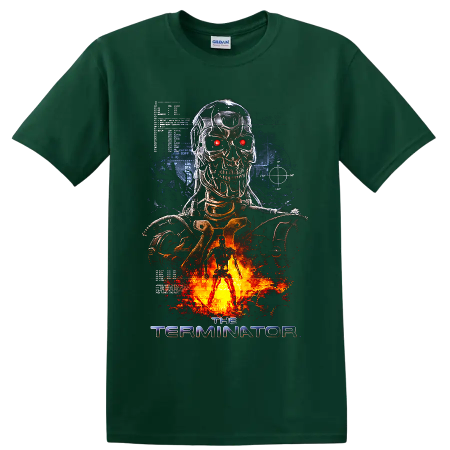 Terminator Salvation cybernetic skull with glowing red eyes and fiery sci-fi artwork on a Forest Green T Shirt