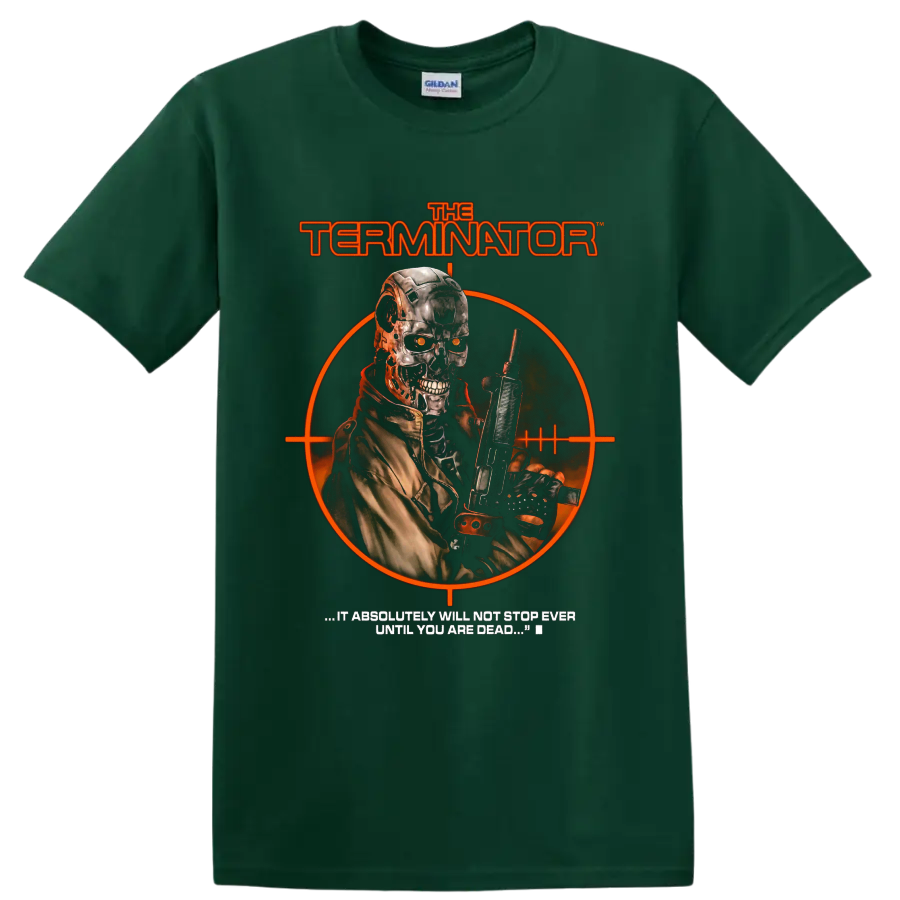 Terminator Genisys cybernetic soldier with rifle and orange target graphic on a Forest Green T Shirt