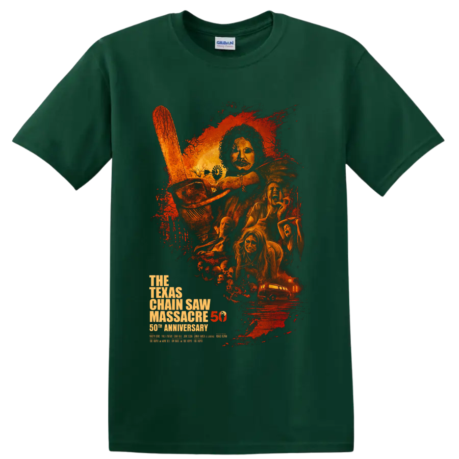 Leatherface chainsaw horror poster with 50th anniversary text on a Forest Green T Shirt
