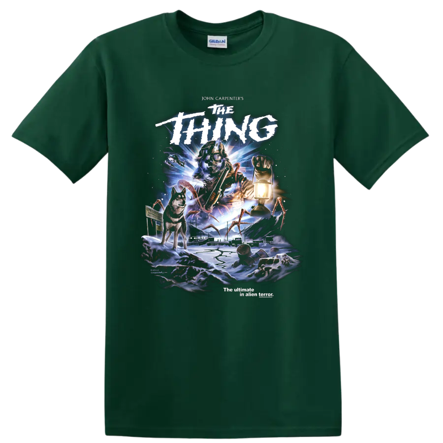 John Carpenter's The Thing arctic horror movie poster graphic with dog and lantern on a Forest Green T Shirt