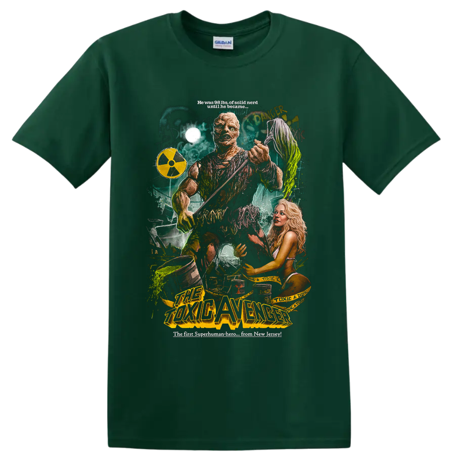 The Toxic Avenger radioactive mutant hero retro horror poster graphic on a Forest Green T Shirt
