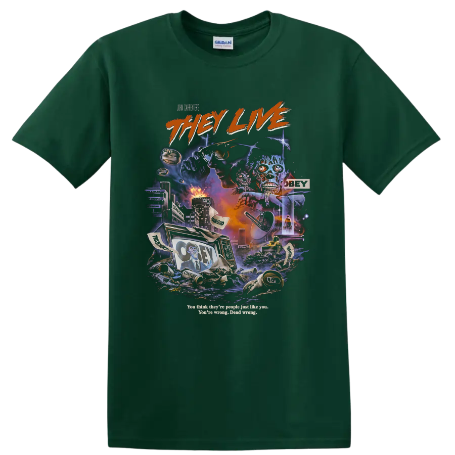 They Live dystopian horror collage with alien skulls and sunglasses on a Forest Green T Shirt