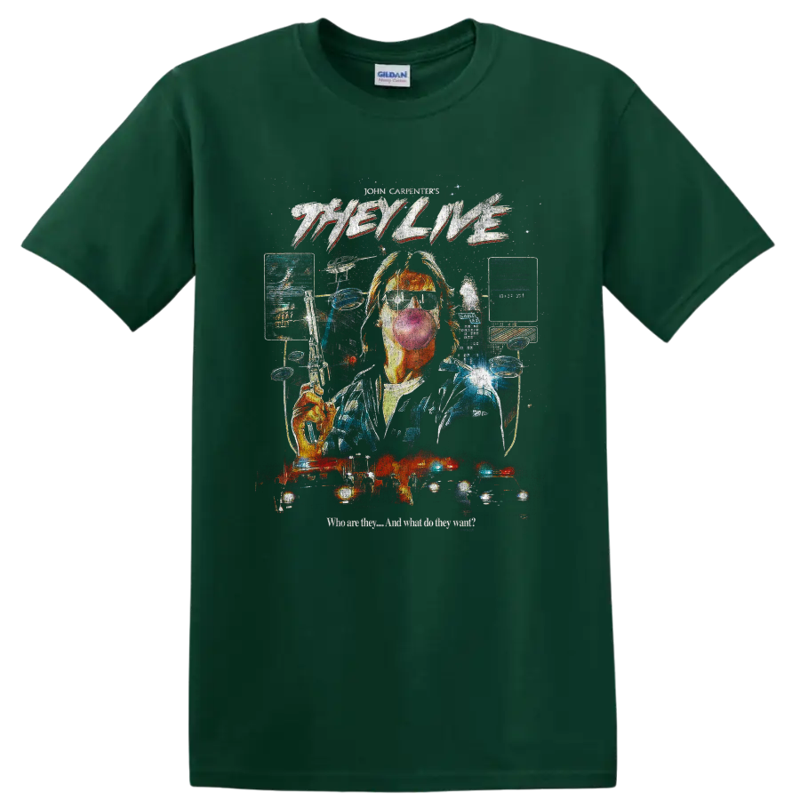 They Live retro sci-fi collage with alien sunglasses and flying saucers on a Forest Green T Shirt