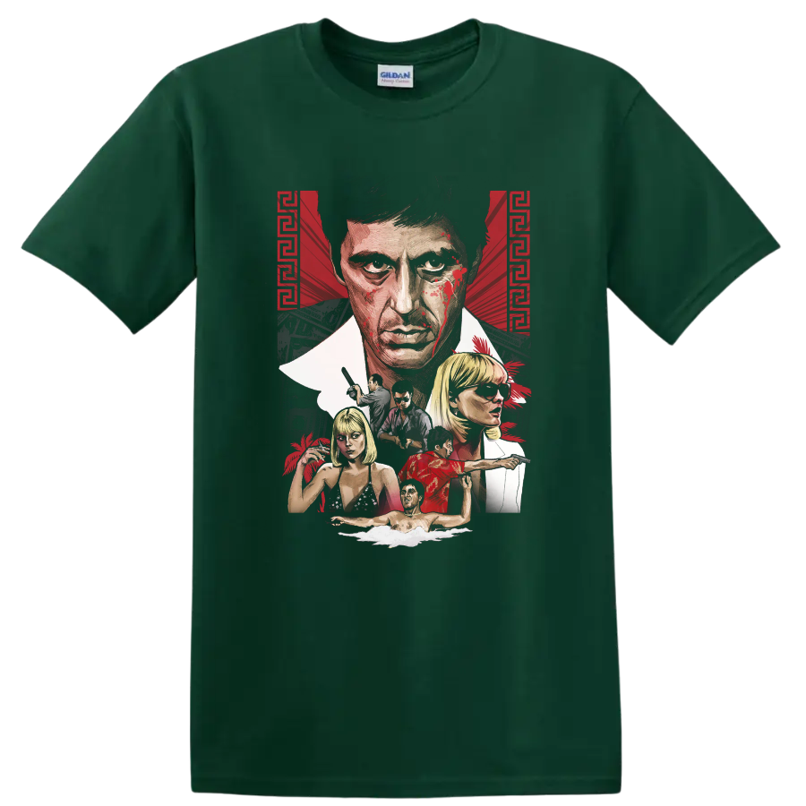 Scarface Tony Montana illustrated crime drama character collage on a Forest Green T Shirt