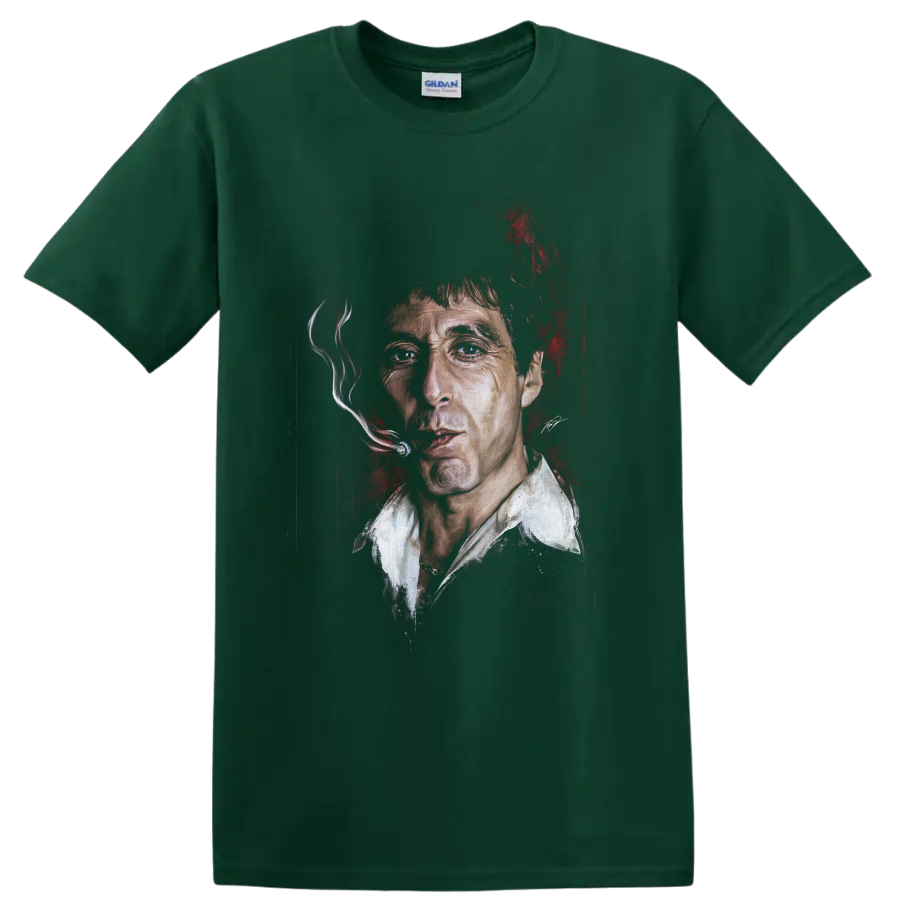 Scarface Tony Montana portrait graphic with smoking cigar and red accents on a Forest Green T Shirt
