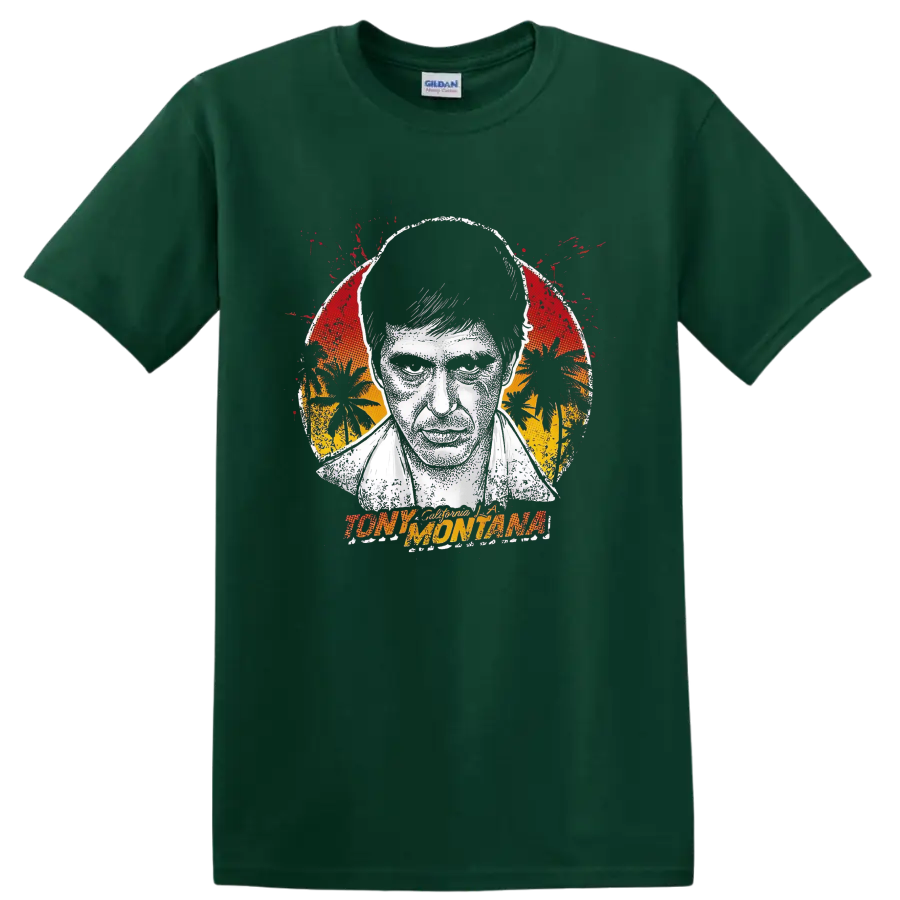 Tony Montana Scarface distressed portrait with tropical sunset graphic on a Forest Green T Shirt