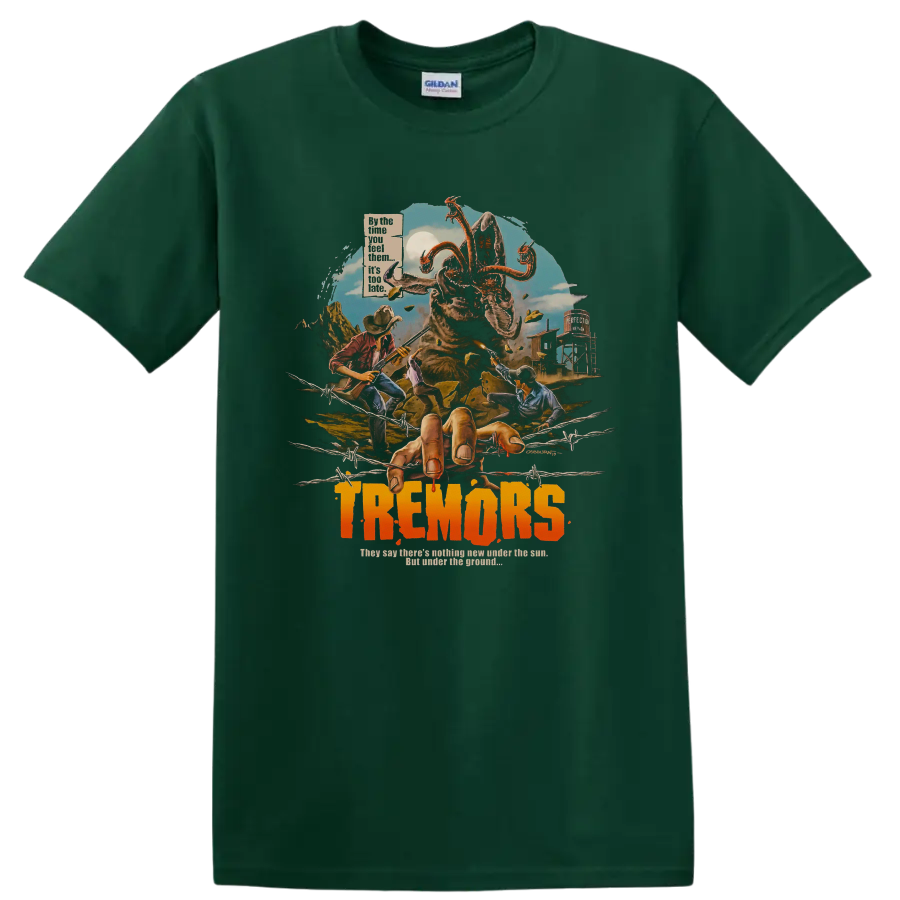 Tremors monster movie graphic with desert survivors and bold title text on a Forest Green T Shirt