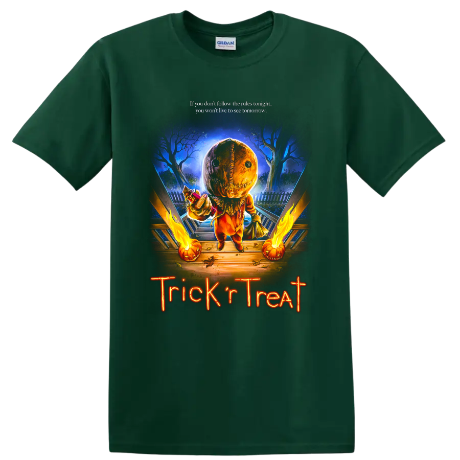 Trick 'r Treat pumpkin mask horror graphic with Halloween lettering on a Forest Green T Shirt