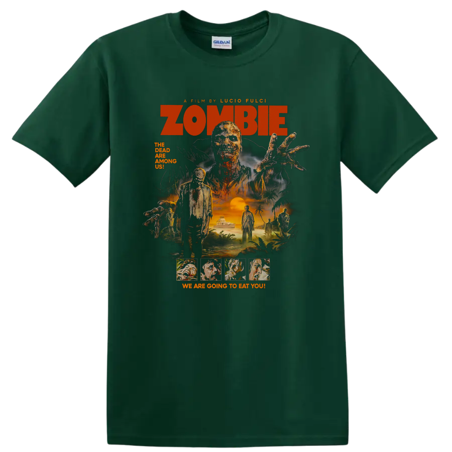 Zombie 1979 vintage Italian horror movie poster graphic with undead island scene on a Forest Green T Shirt