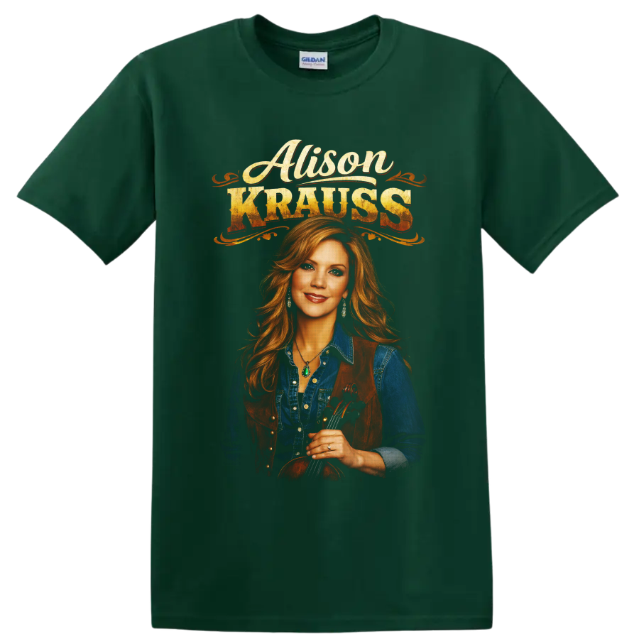 Alison Krauss fiddle portrait with distressed vintage western lettering on a Forest Green T Shirt