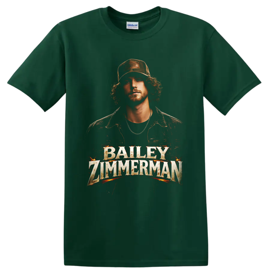 Bailey Zimmerman western portrait with fiery distressed name lettering on a Forest Green T Shirt