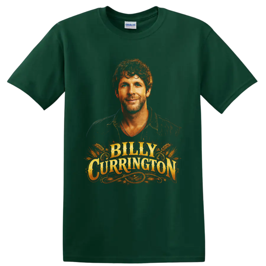 Billy Currington portrait with western gold lettering, wheat stalks, and rope flourishes on a Forest Green T Shirt