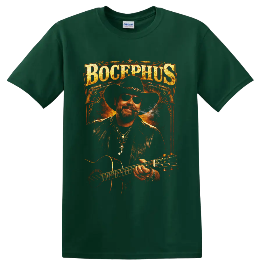 Hank Williams Jr. Bocephus cowboy guitar portrait with Western revolvers and fiery on a Forest Green T Shirt