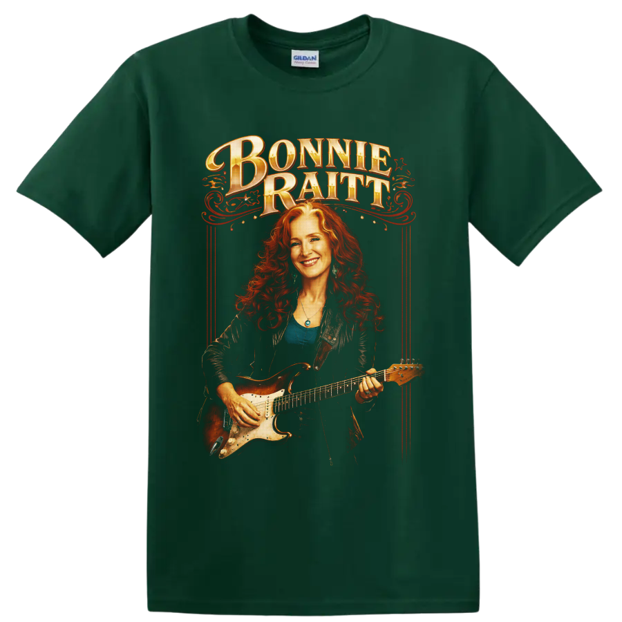 Bonnie Raitt guitarist portrait with ornate red vintage concert poster lettering on a Forest Green T Shirt